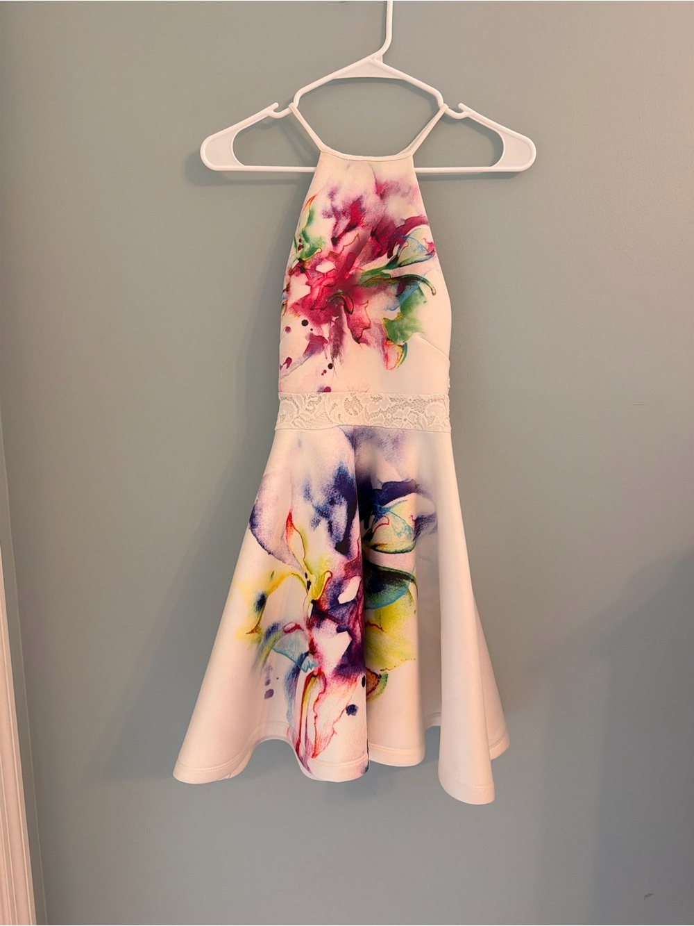 Papaya White Floral Watercolor Halter Dress with Lace Waist